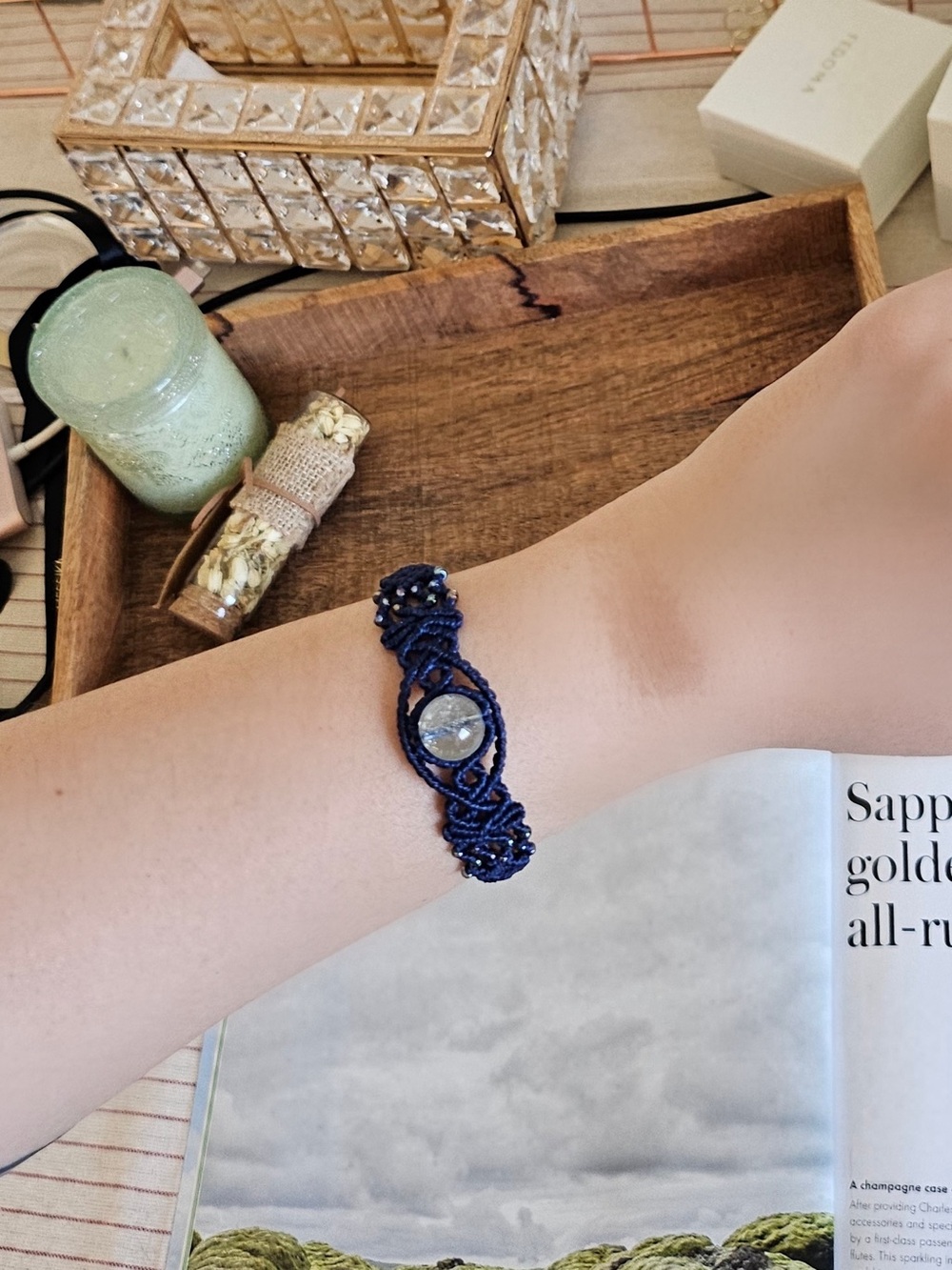 Handcrafted Navy Blue Macramé Bracelet with Natural Aquamarine